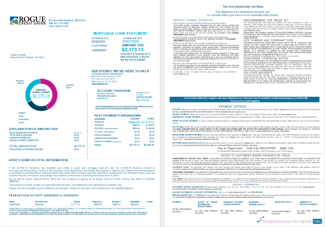 USA Oregon Rogue bank mortgage loan statement in Word and PDF formats , 4 pages 1 2